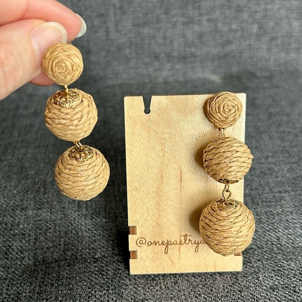 Rattan Covered, Dangling Drop Sphere Stud Earrings, Tan, Gold